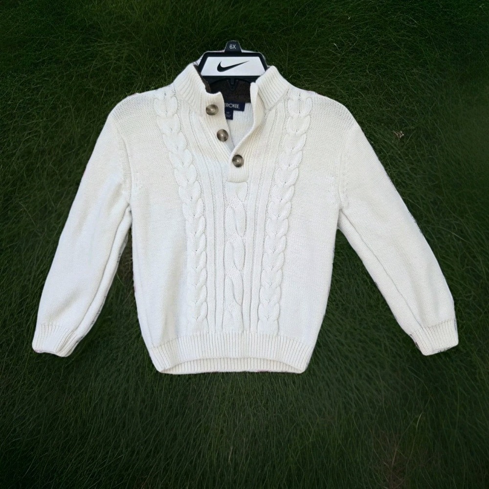 Cherokee Boy 5T Cream Cable Knit Sweater Mock Neck Button Pullover Sherpa Collar